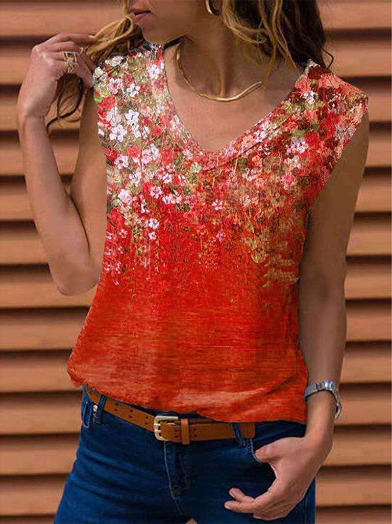 Women Loose Sleeveless V-neck Printed Vest T-shirt