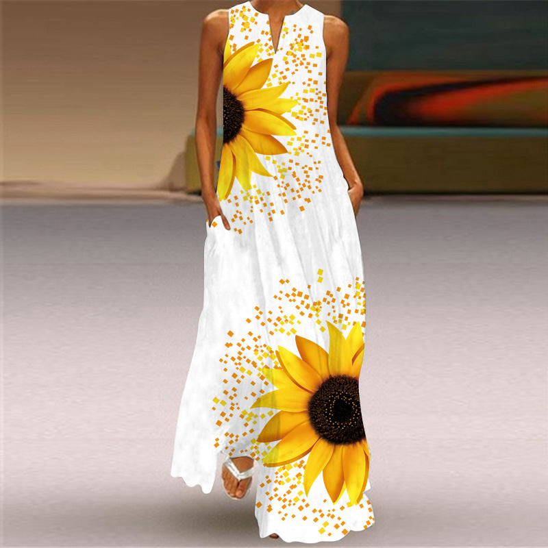 Summer Women's Loose Waist Sleeveless V-neck Vintage Print Dress