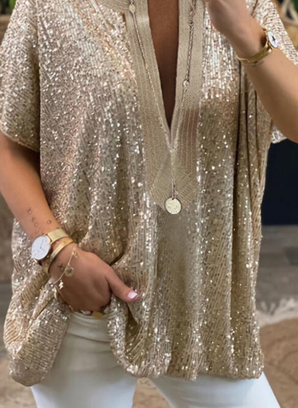 Street Hipster Loose Sequins V-neck Short Sleeve Casual Shirt