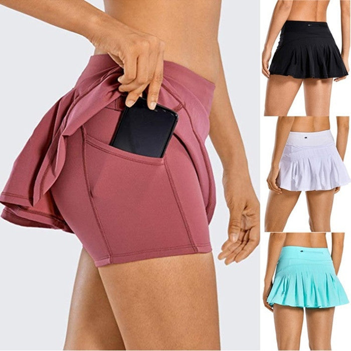 Women's Sports Culottes Mid-waist Pleated Polyester Fiber Back Pocket Zipper Shorts