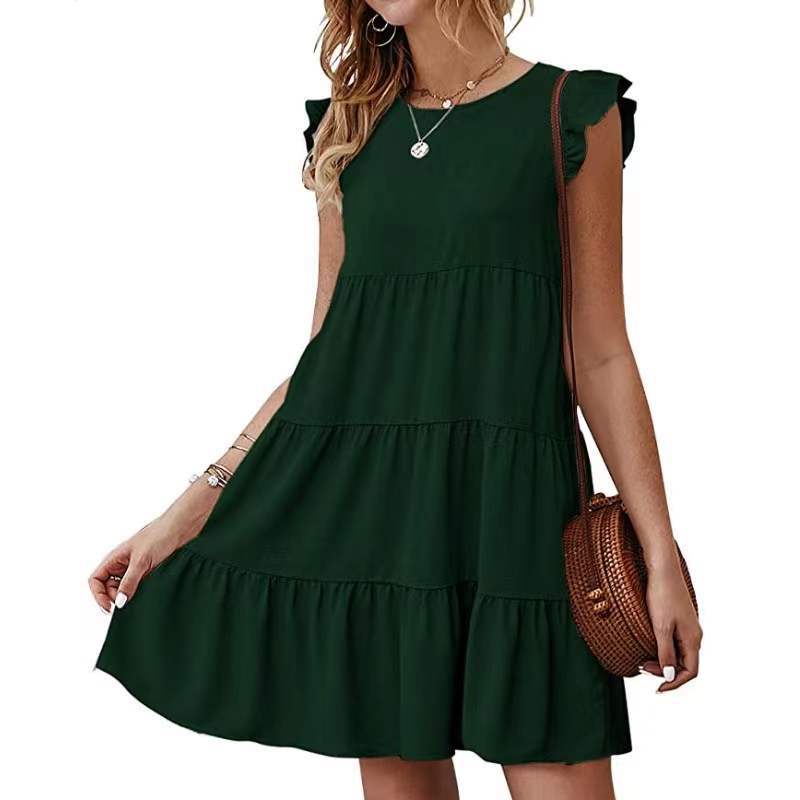 Summer Solid Color Round Temperament Commute Neck Short Sleeves Casual Cake Pleated Large Swing Dress