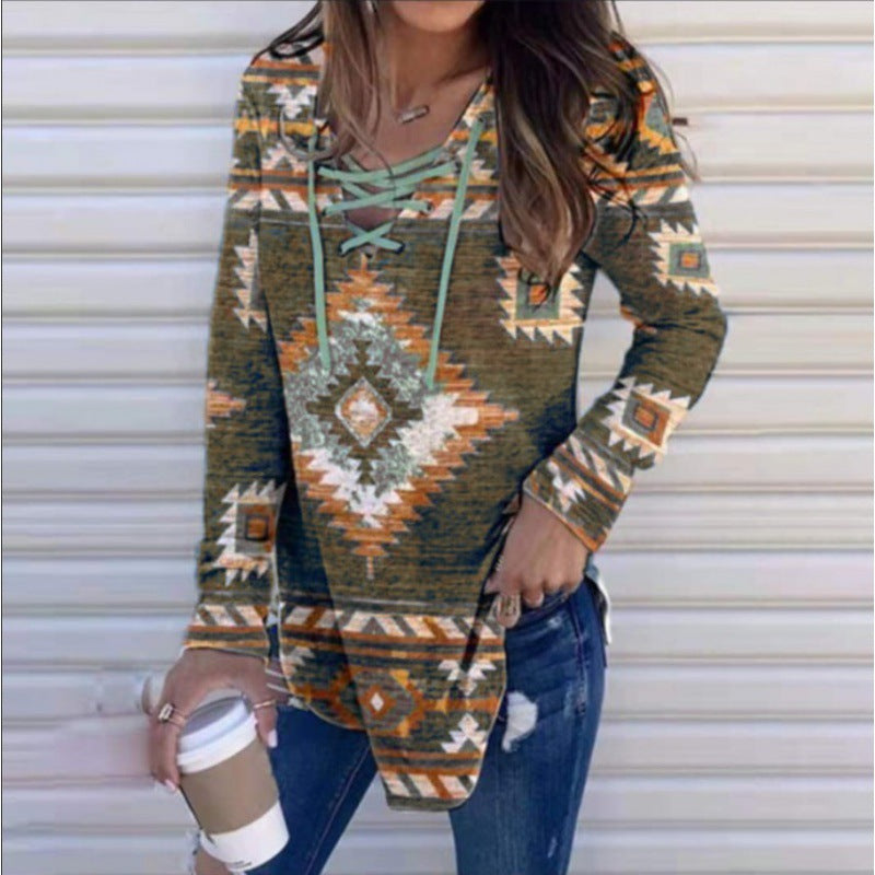 Autumn V-neck Lace Printing Printed Long Sleeve Women's Pullover
