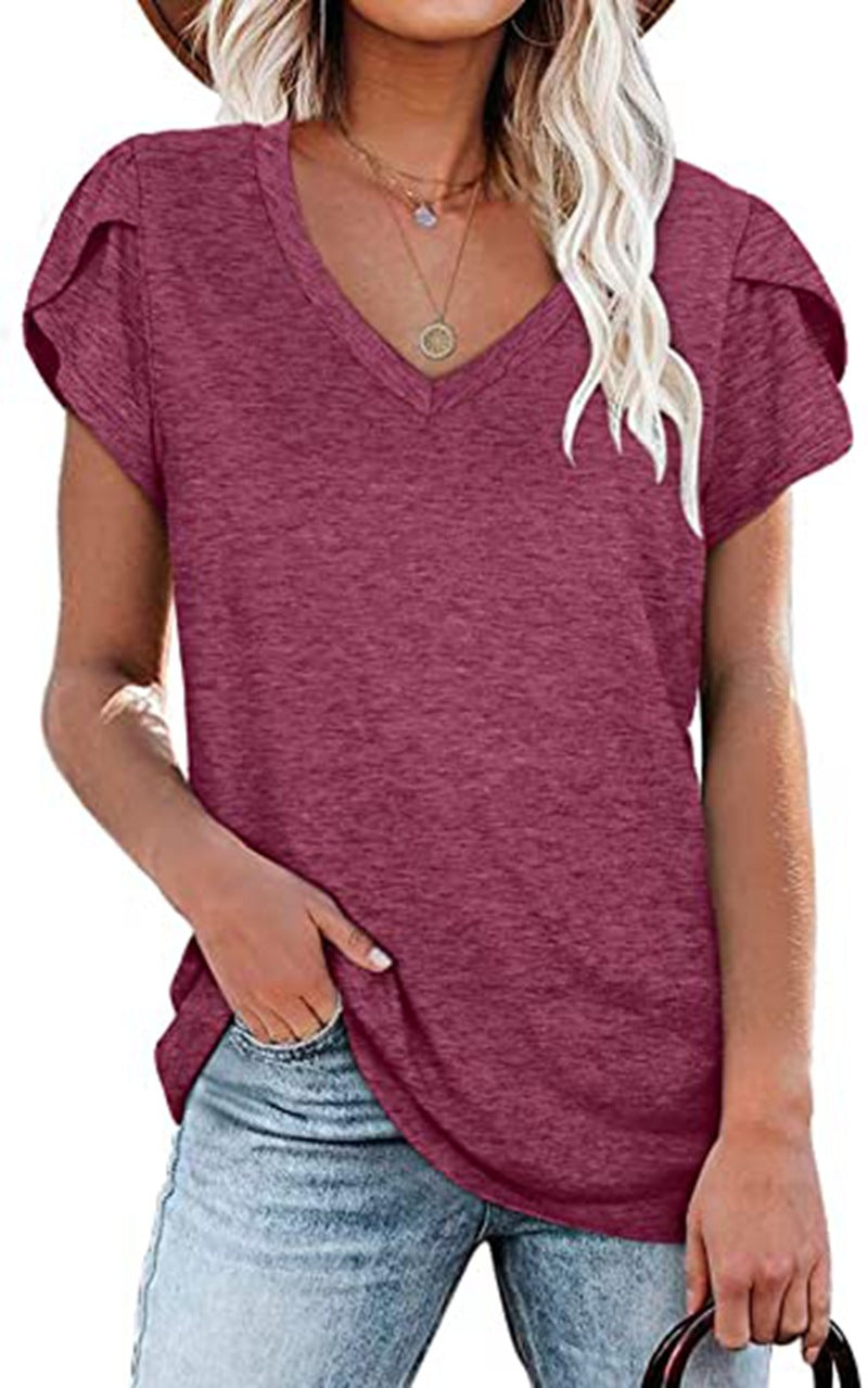 Solid Color V-neck Leisure Short Sleeve Top Women's T-shirt