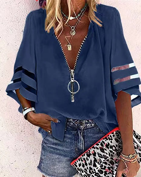 V-neck Zipper Half Bell Sleeve Mesh Solid Color Stitching Loose Casual Women's Shirt