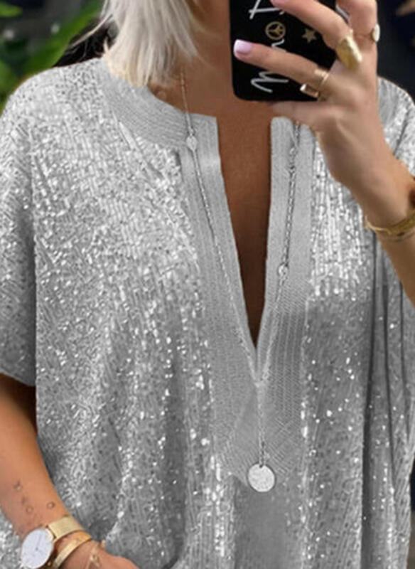 Street Hipster Loose Sequins V-neck Short Sleeve Casual Shirt