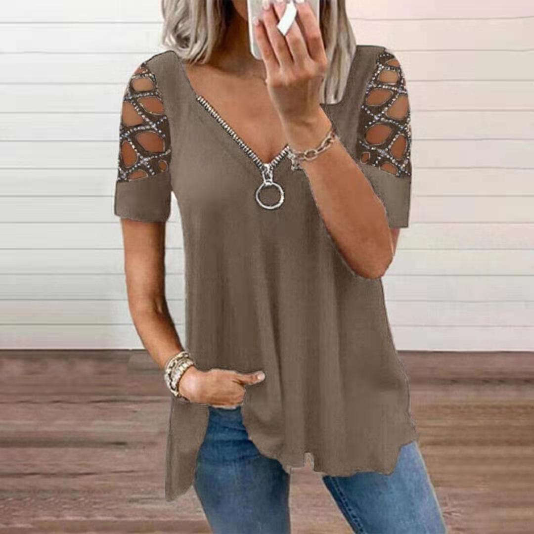 Loose Fashion V-neck Solid Color Hollow Sleeve Rhinestone Casual Women's Top