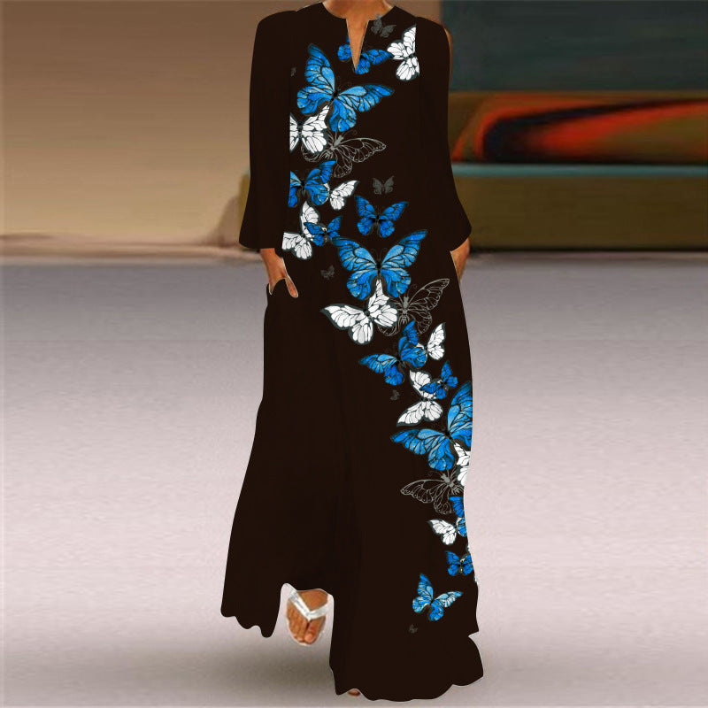 Summer Women's Zipper Retro Butterfly Print Long Collar Sleeve Pocket Dress