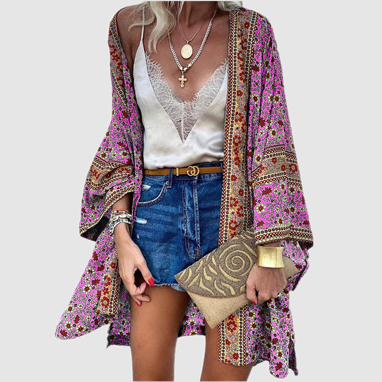 Women's Early Autumn Street Hipster Thin Loose Bohemian Long-sleeved Printed Mid-length Cardigan