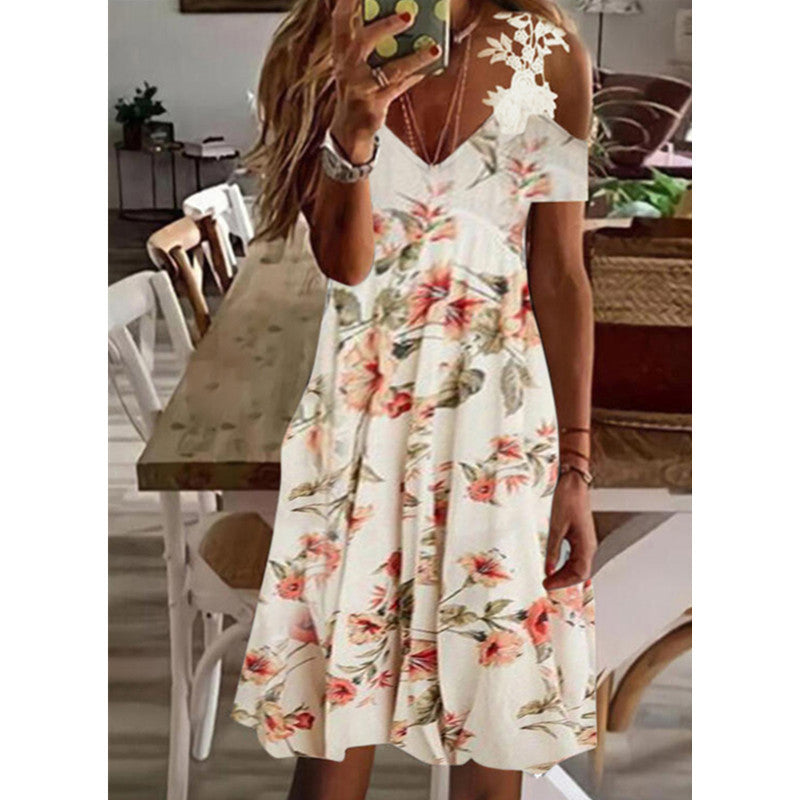 Summer Temperament Commute Women's Printed Off-shoulder Short Sleeve Lace Dress