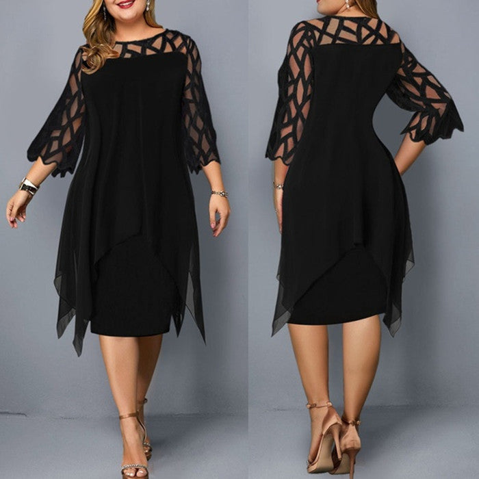 Lace Stitching 3/4 Sleeve Mid Skirt Irregular Hem Chiffon Dress