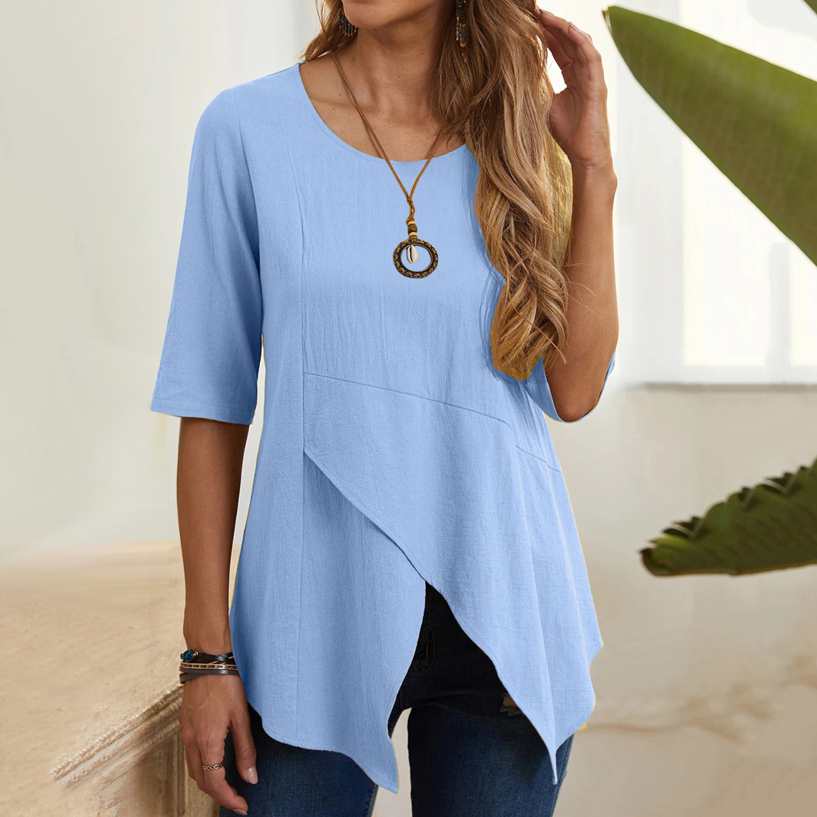 Women's Irregular Pullover Round Neck Urban Leisure Slim-fit Half Sleeve Cotton Linen T-shirt