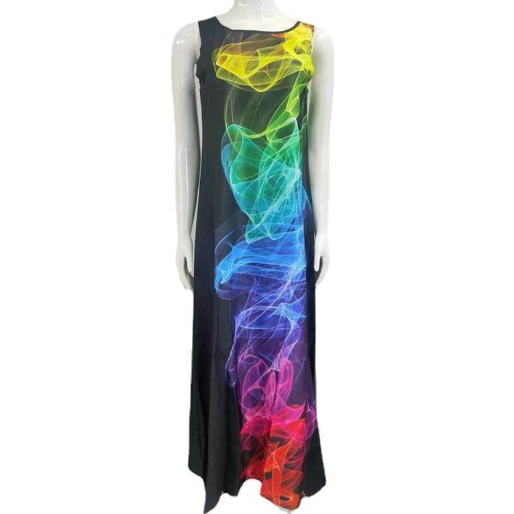 Summer Popular Digital Printing Flower Round Neck Sleeveless Loose Printed Long Skirt Women's Dress