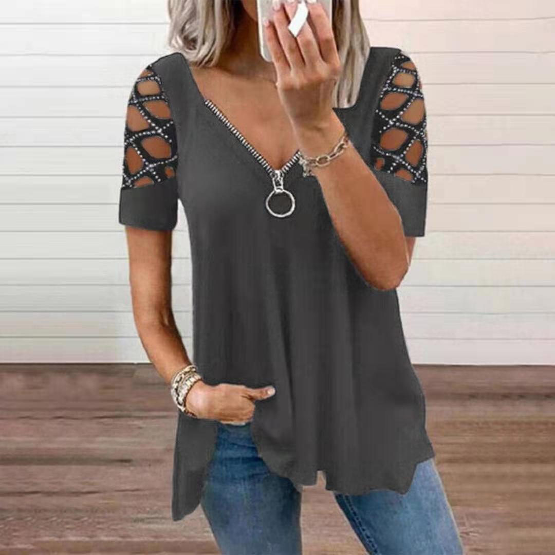 Loose Fashion V-neck Solid Color Hollow Sleeve Rhinestone Casual Women's Top