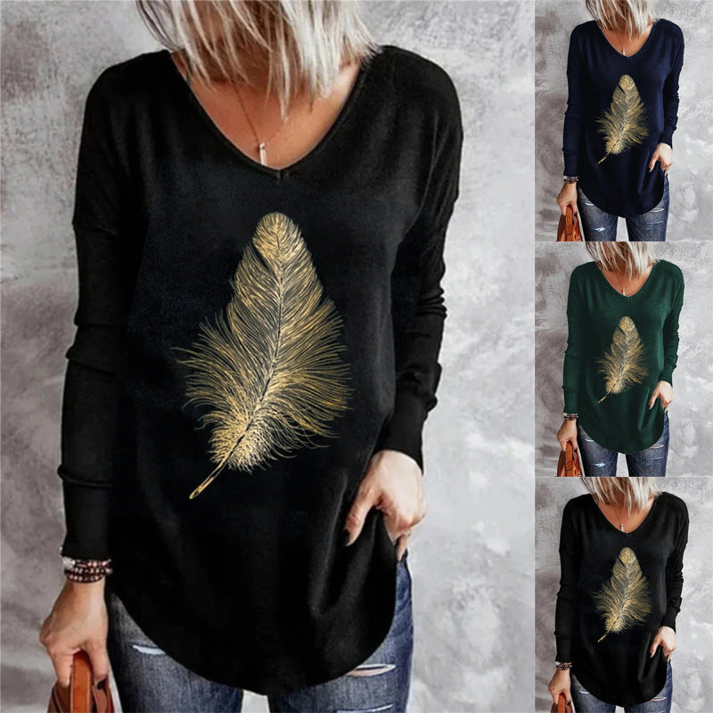 Spring V-neck Leisure Long-sleeved Printed Women's T-shirt