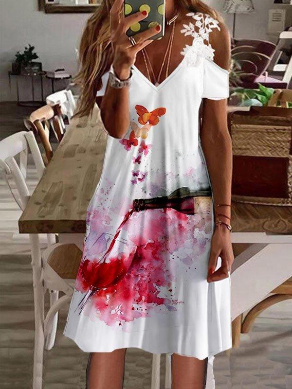 Summer Temperament Commute Women's Printed Off-shoulder Short Sleeve Lace Dress