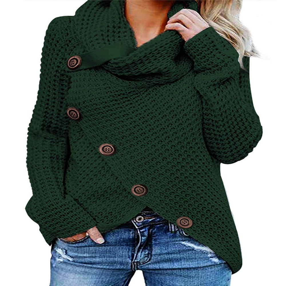 Button Turtleneck Loose Solid Color Women's Sweater Long Sleeve Pullover