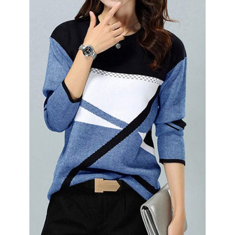 Women's Loose Color Printed Round Neck Long Sleeve T-shirt