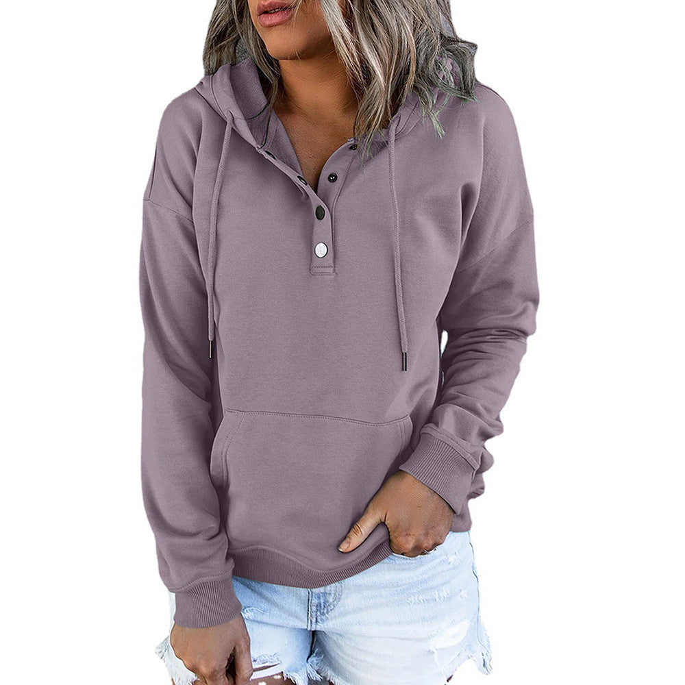 Women's Long Solid Color Sleeve Loose Casual Hooded Drawstring Pocket Sweatshirt