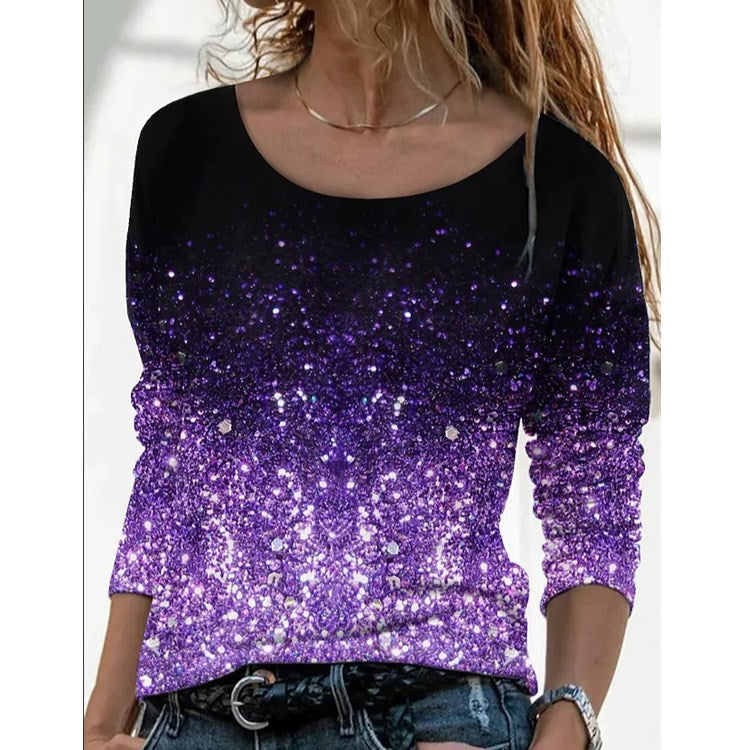 Women's Long Digital Printing Sleeve Loose Neck Casual Pullover Print T-shirt