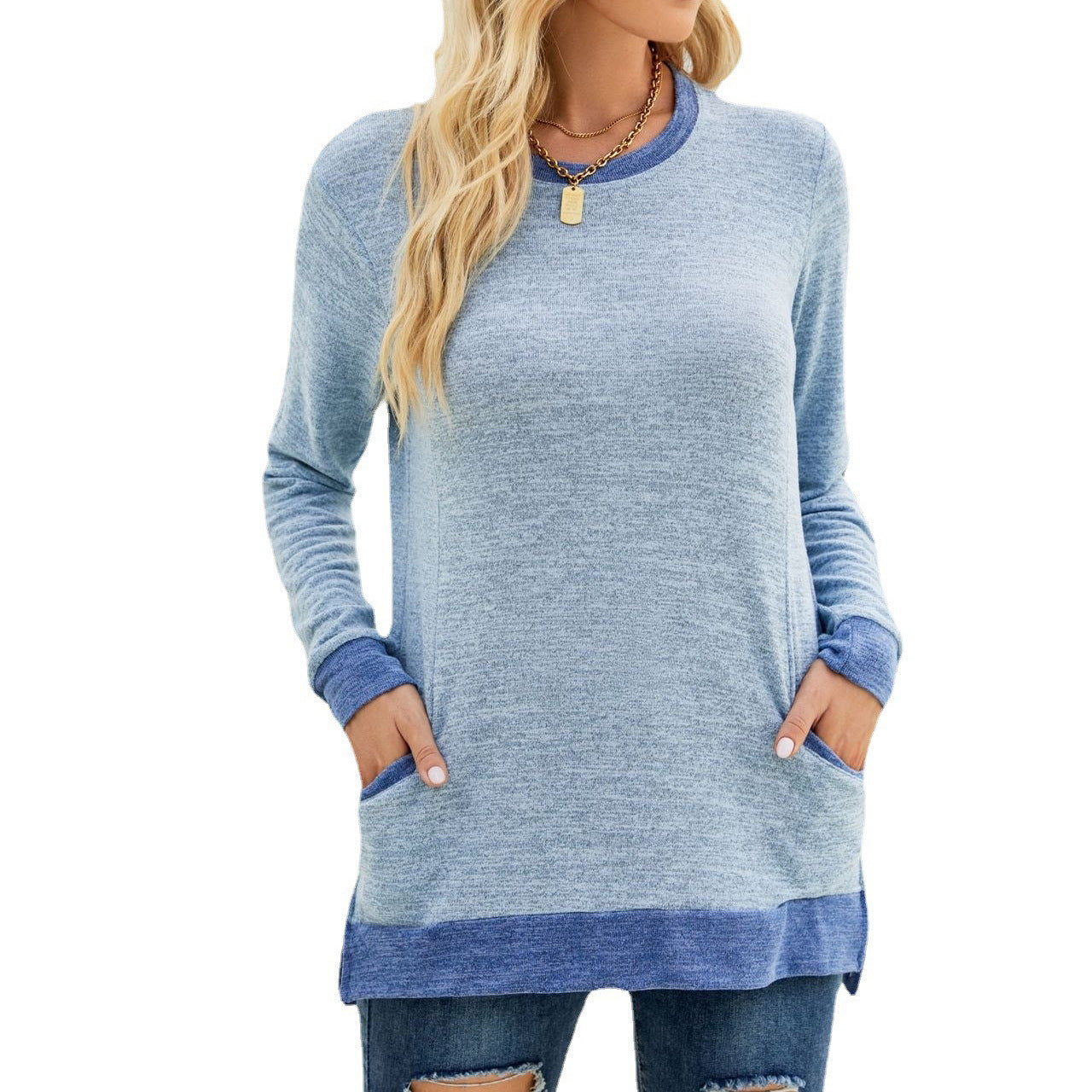 Women's Round Neck Multicolor Pocket Long Temperament Commute Sleeve Top Loose-fitting Pullover