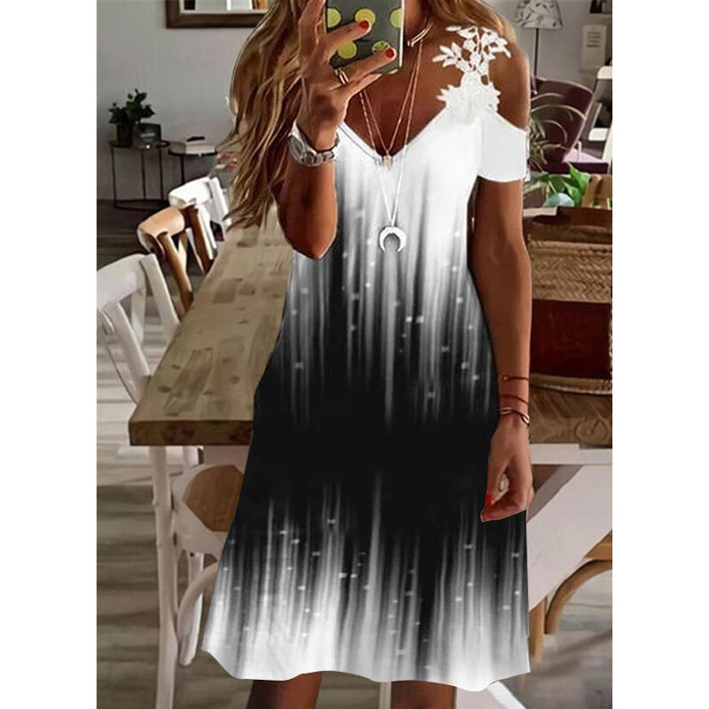 Summer Temperament Commute Women's Printed Off-shoulder Short Sleeve Lace Dress