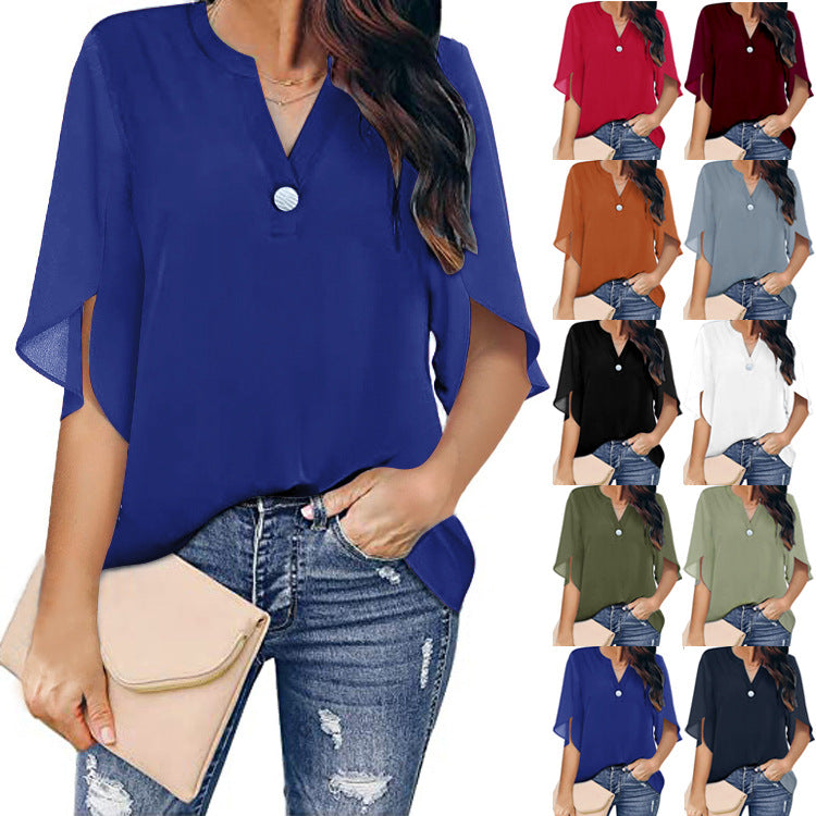 Women's Short Sleeve Elegant Casual Pullover Solid Color V-neck Chiffon Blouse