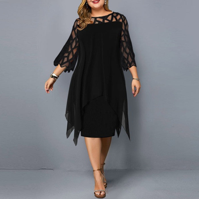 Lace Stitching 3/4 Sleeve Mid Skirt Irregular Hem Chiffon Dress