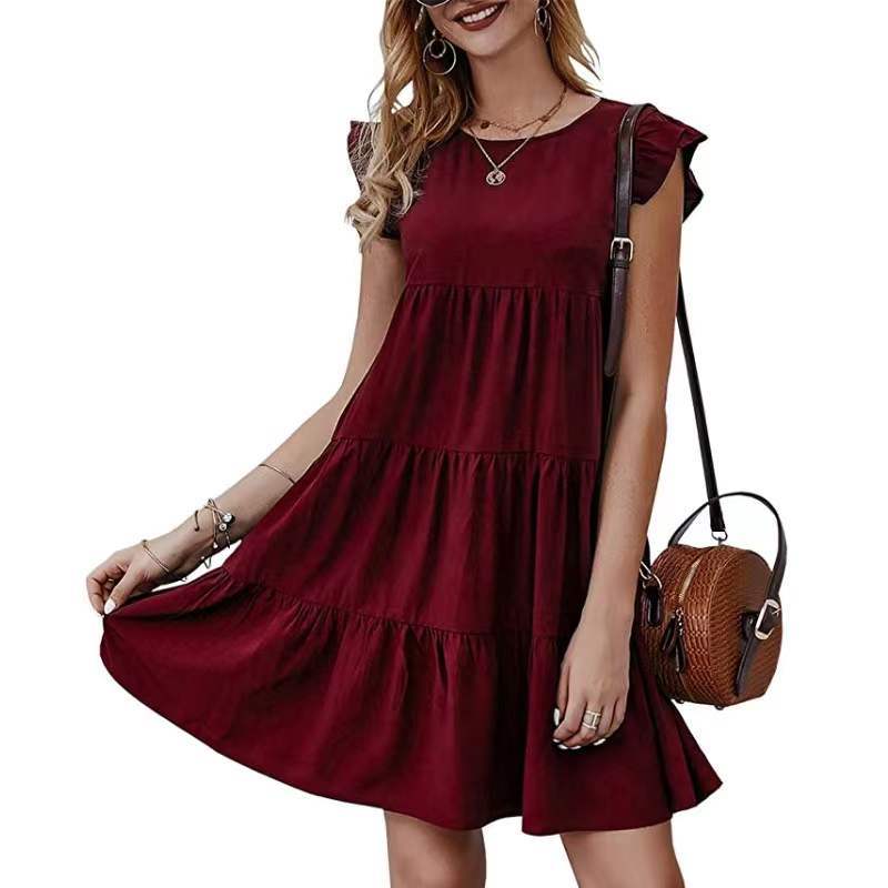 Summer Solid Color Round Temperament Commute Neck Short Sleeves Casual Cake Pleated Large Swing Dress