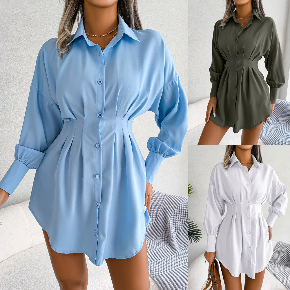 Button Casual Lantern Sleeve Waist-tight Asymmetric Shirt Women's Dress