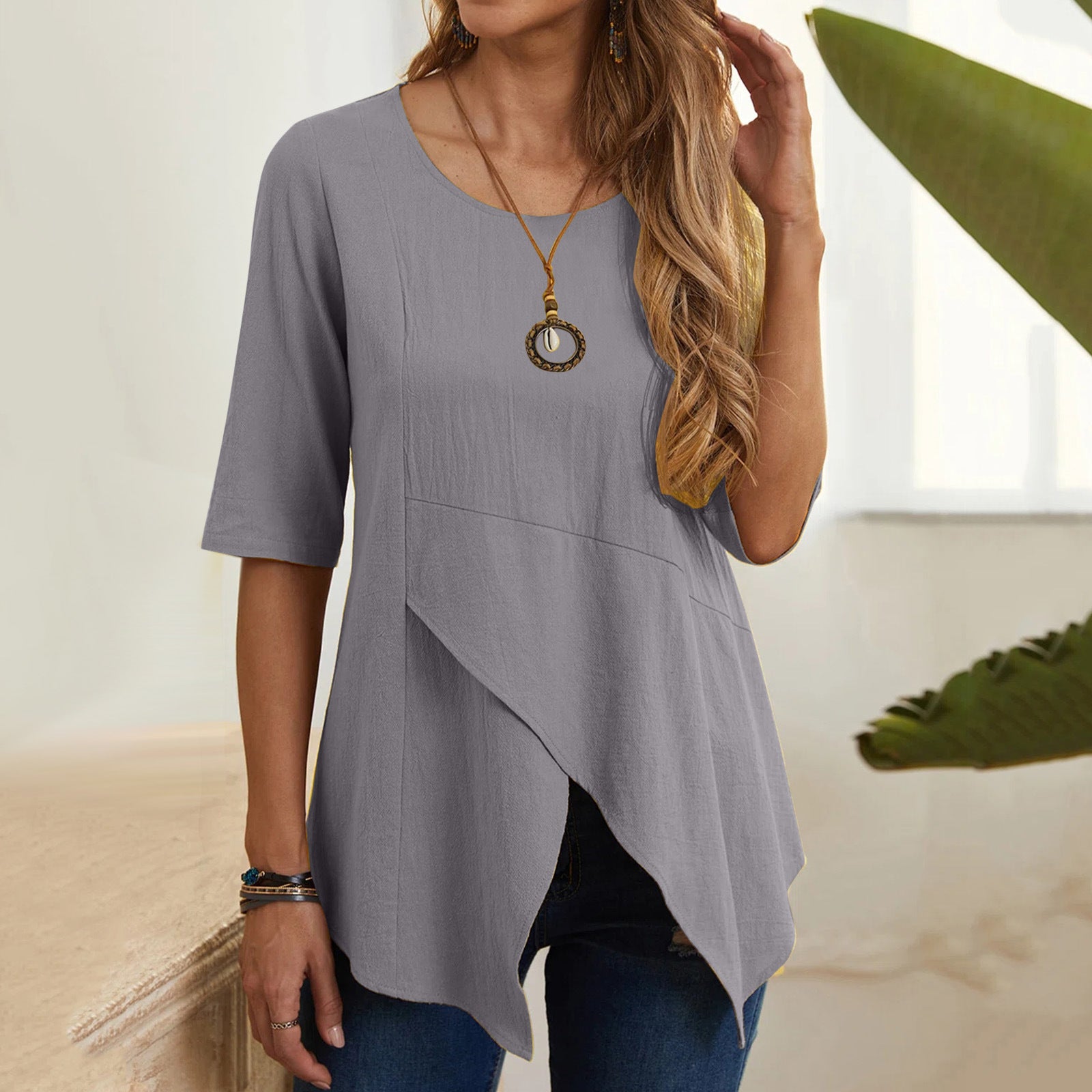 Women's Irregular Pullover Round Neck Urban Leisure Slim-fit Half Sleeve Cotton Linen T-shirt