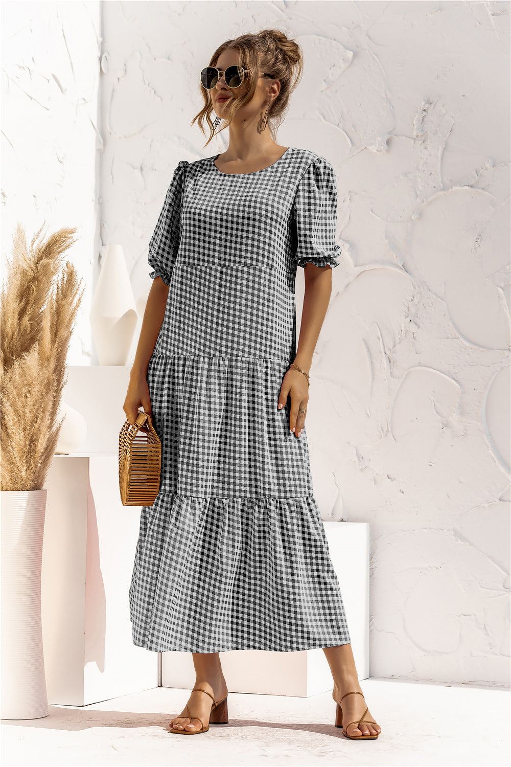 Puff Sleeve Dot Plaid Urban Style Loose Stitching Long Dress