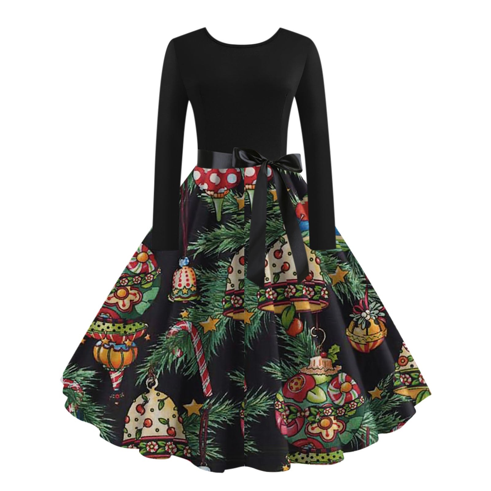 Digital Printing Autumn Retro Christmas Festival Printed Round Neck Long Sleeve Big Hem Dress