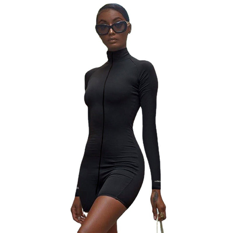 Women's Zipper Stretch Turtleneck Embroidered Street Hipster Slim Fit Fitness Jumpsuit Yoga Suit