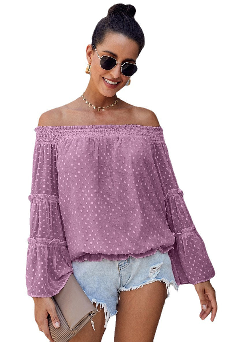 Flared Long Dot Sleeve Chiffon Off-shoulder Off-the-neck Hollow-out Loose Top