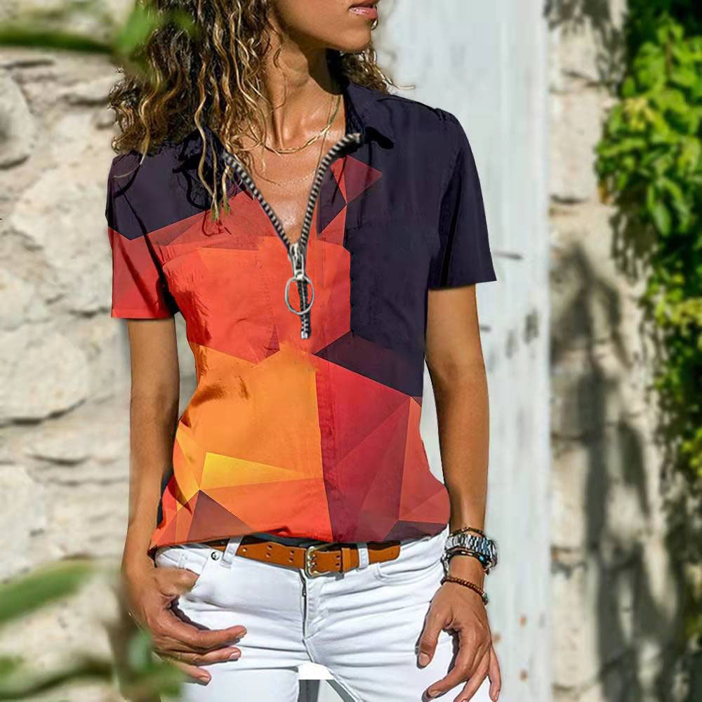 Bohemian Zipper T-shirt Polyester Fiber Short Sleeves Women's Top