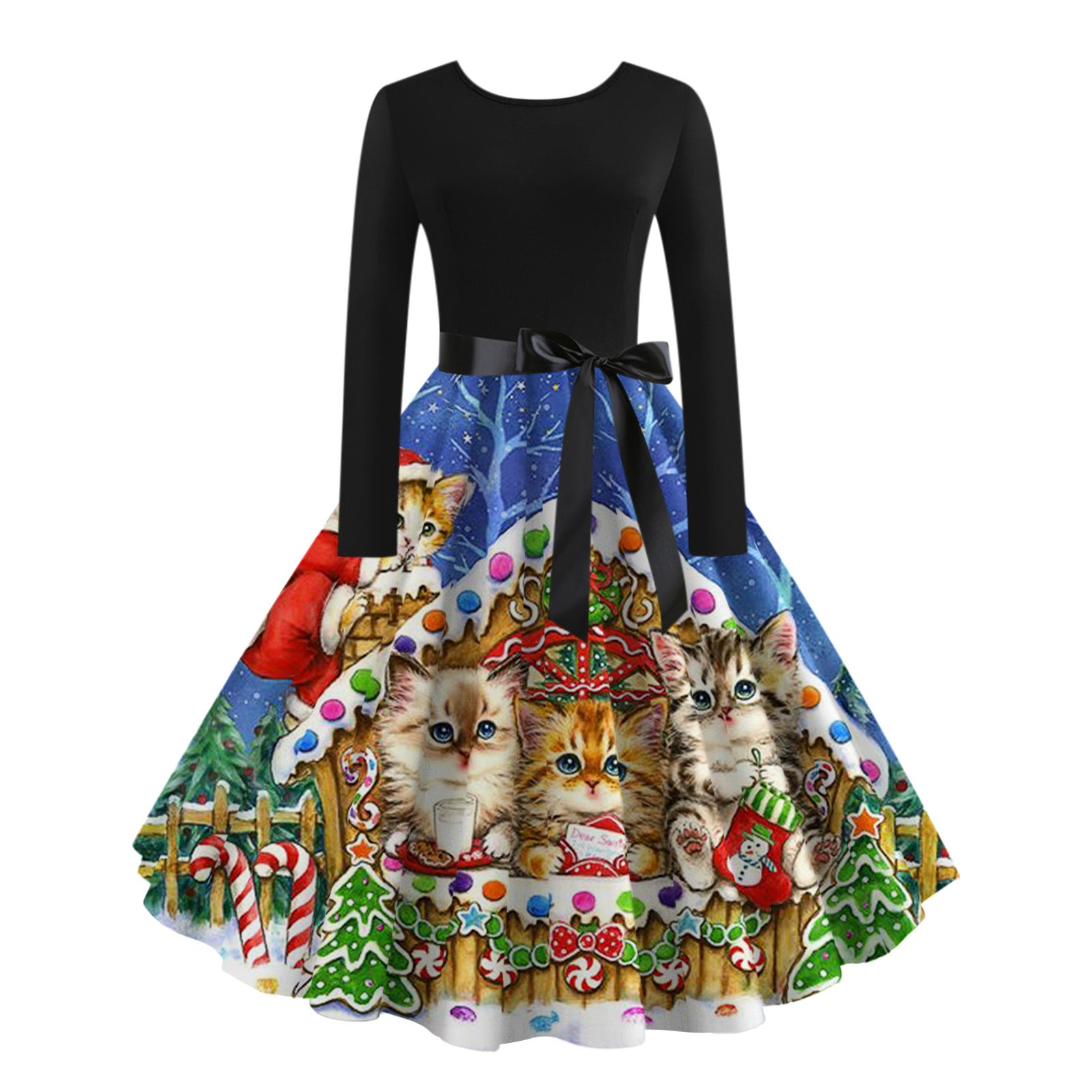 Digital Printing Autumn Retro Christmas Festival Printed Round Neck Long Sleeve Big Hem Dress