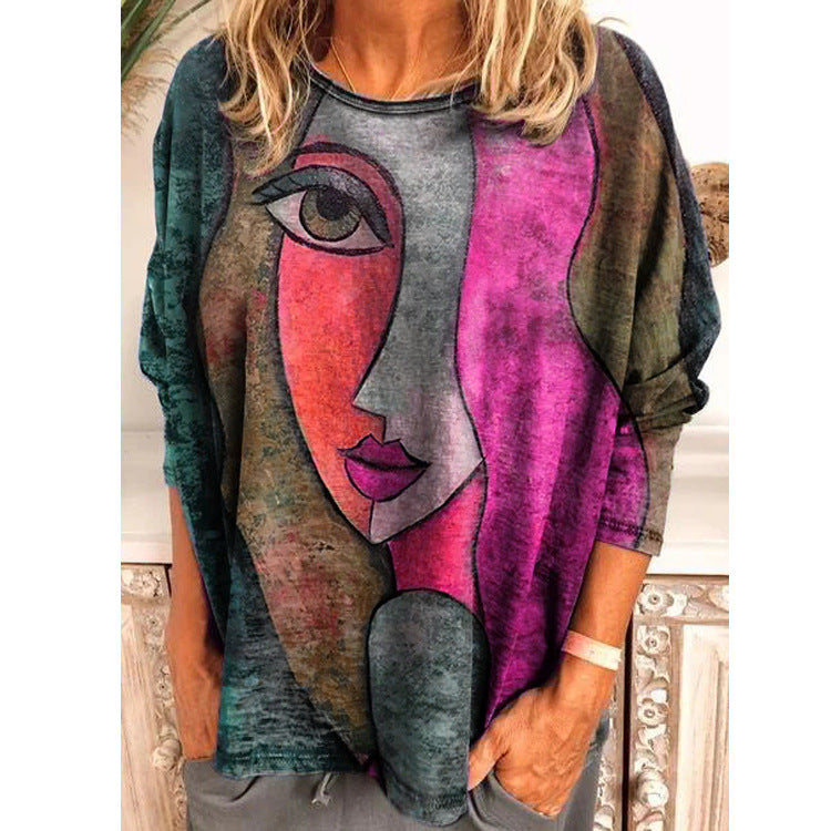 Large Size Women's Printing Print Long Sleeve Loose T-shirt