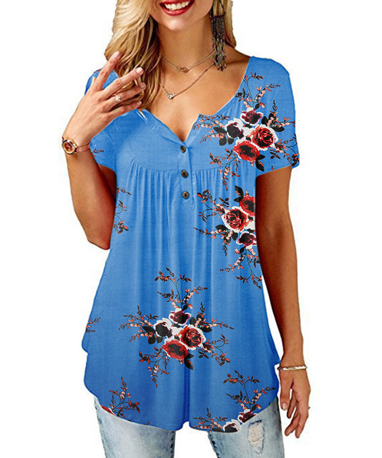 Polyester Fiber Women's Printed V-neck T-shirt Short Sleeve Loose Top