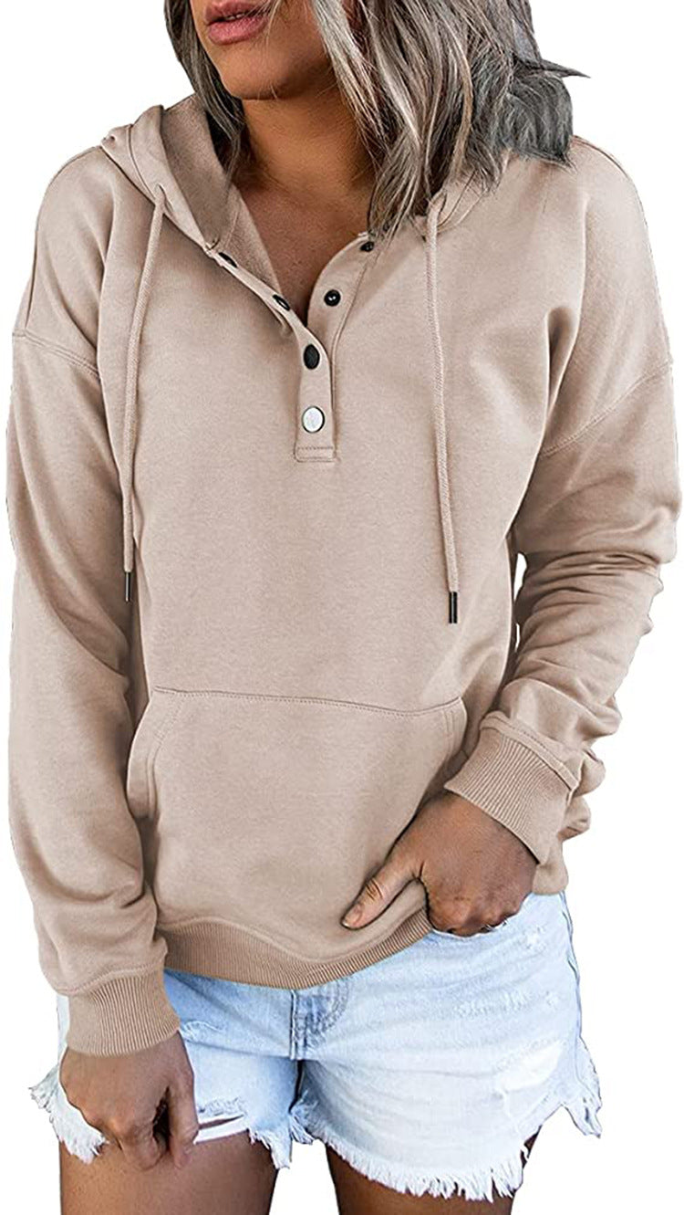 Women's Long Solid Color Sleeve Loose Casual Hooded Drawstring Pocket Sweatshirt