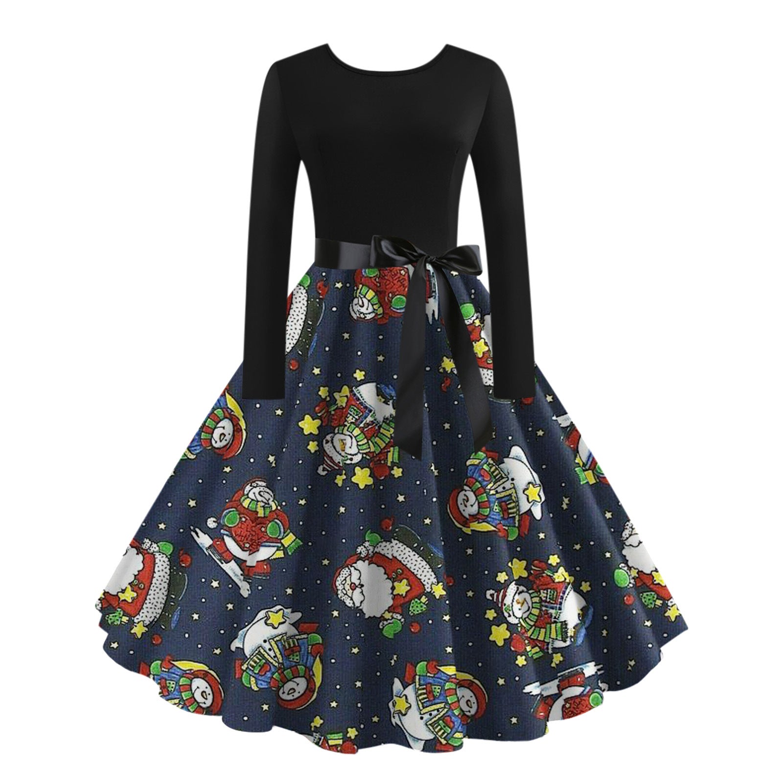 Digital Printing Autumn Retro Christmas Festival Printed Round Neck Long Sleeve Big Hem Dress