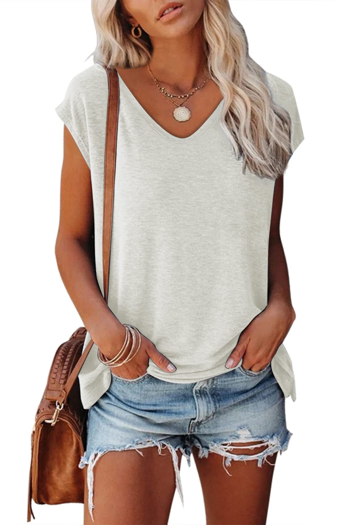 Solid Color V-neck Cotton Blend Casual Loose Sleeveless Top Women's T-shirt