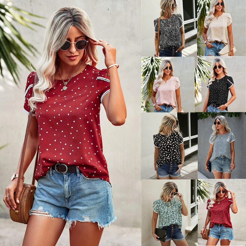 Women's Casual Round Neck Summer Loose Shirt Dotted Prints Pullover Lace Short Sleeve Top