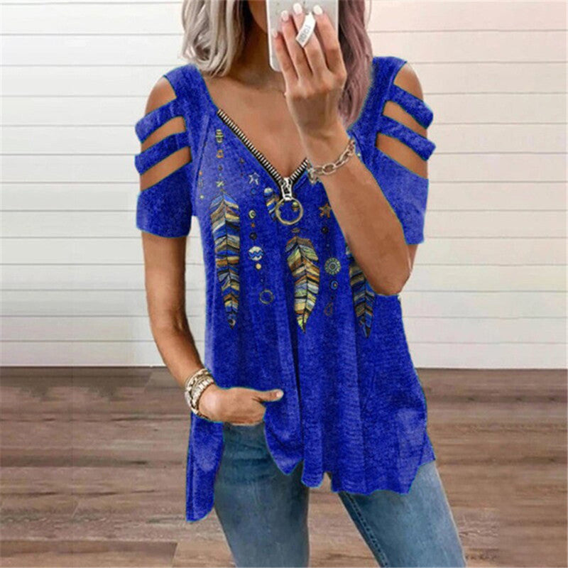 Women's Collar Leisure Zipper Pullover Print Short Sleeve Loose T-shirt Top