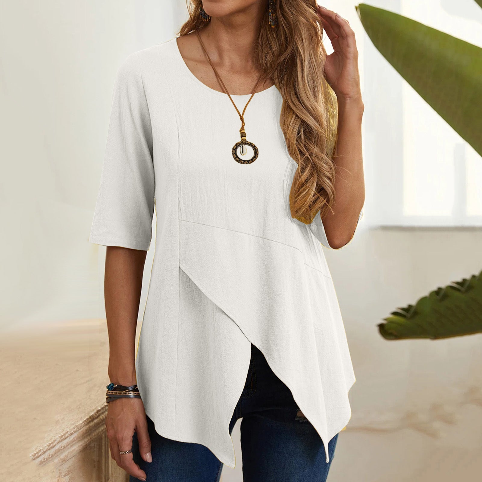 Women's Irregular Pullover Round Neck Urban Leisure Slim-fit Half Sleeve Cotton Linen T-shirt