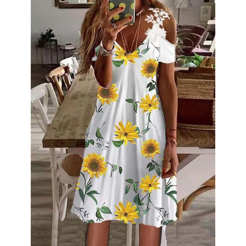 Summer Temperament Commute Women's Printed Off-shoulder Short Sleeve Lace Dress