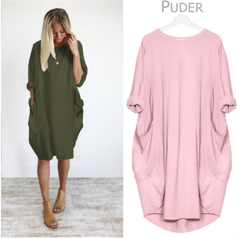 Women's Casual Style Autumn Long Sleeve Round Neck Solid Color Loose Pockets Dress