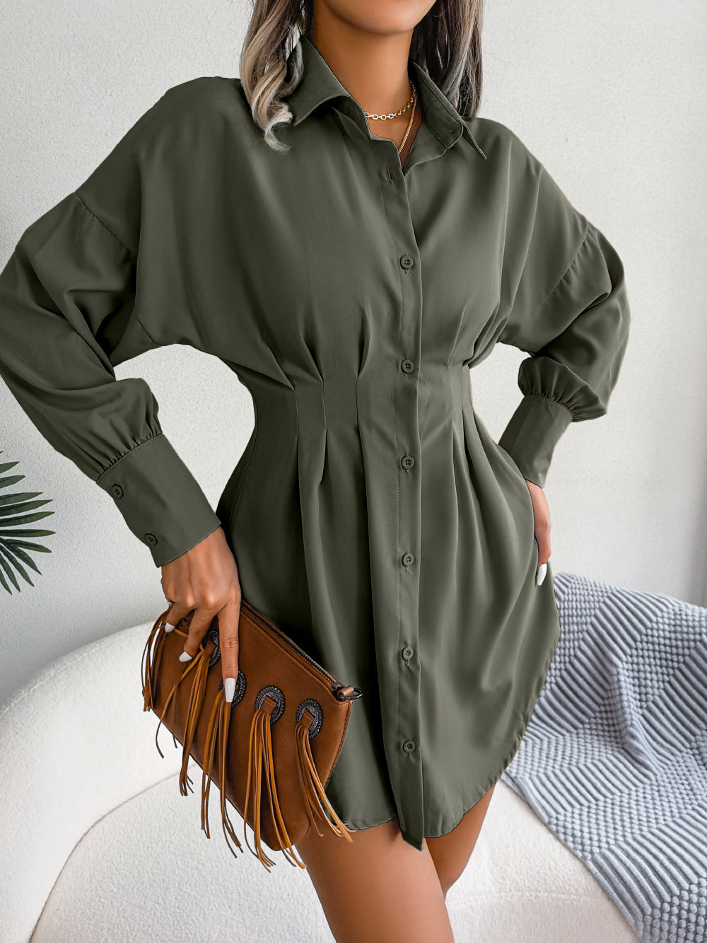 Button Casual Lantern Sleeve Waist-tight Asymmetric Shirt Women's Dress