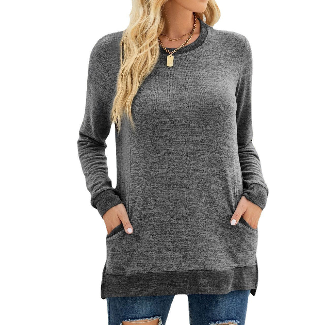 Women's Round Neck Multicolor Pocket Long Temperament Commute Sleeve Top Loose-fitting Pullover