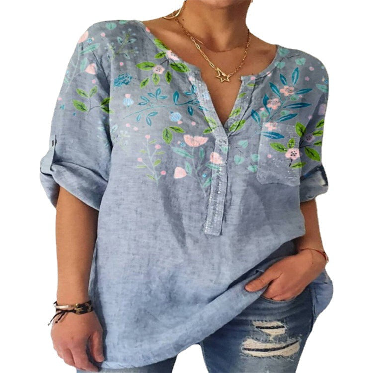 Summer Women Loose Printed Cotton Blend V-neck Three-quarter Sleeve Top