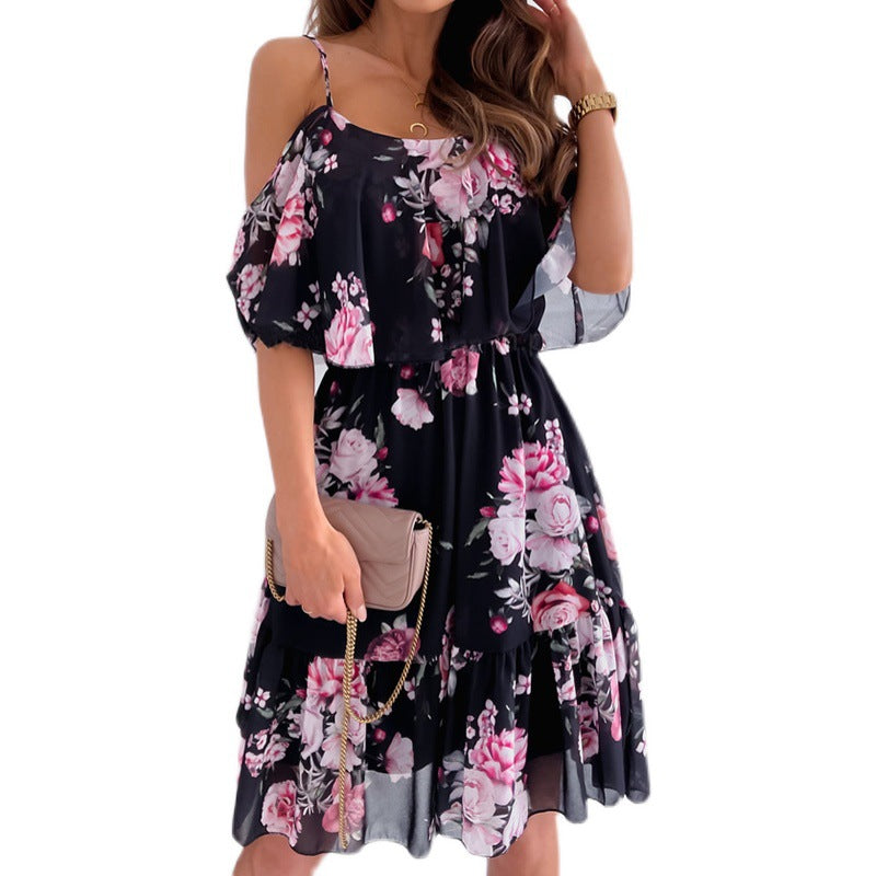 Chiffon Printed Printing Off-the-shoulder Strap Sexy Dress